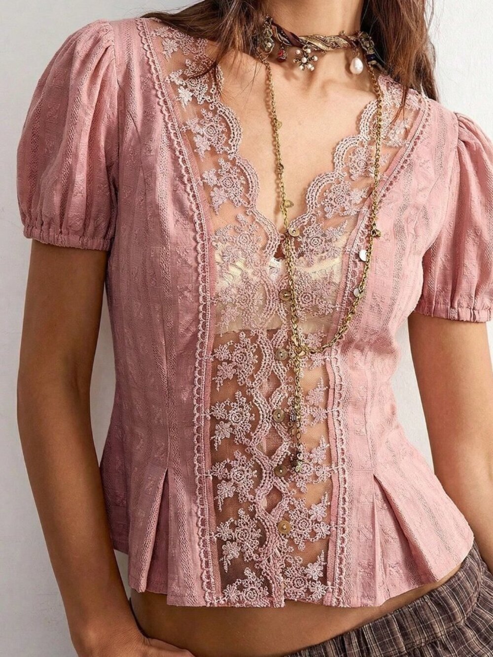 Pink Casual Women's Woven Patchwork Lace Trim Short Sleeve Blouse - Picture 8 of 8